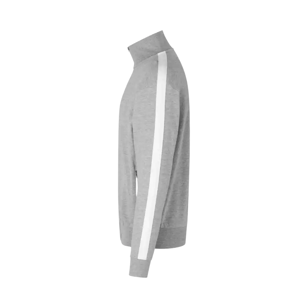 Grey melange collegetakki omalla logolla – sivulta