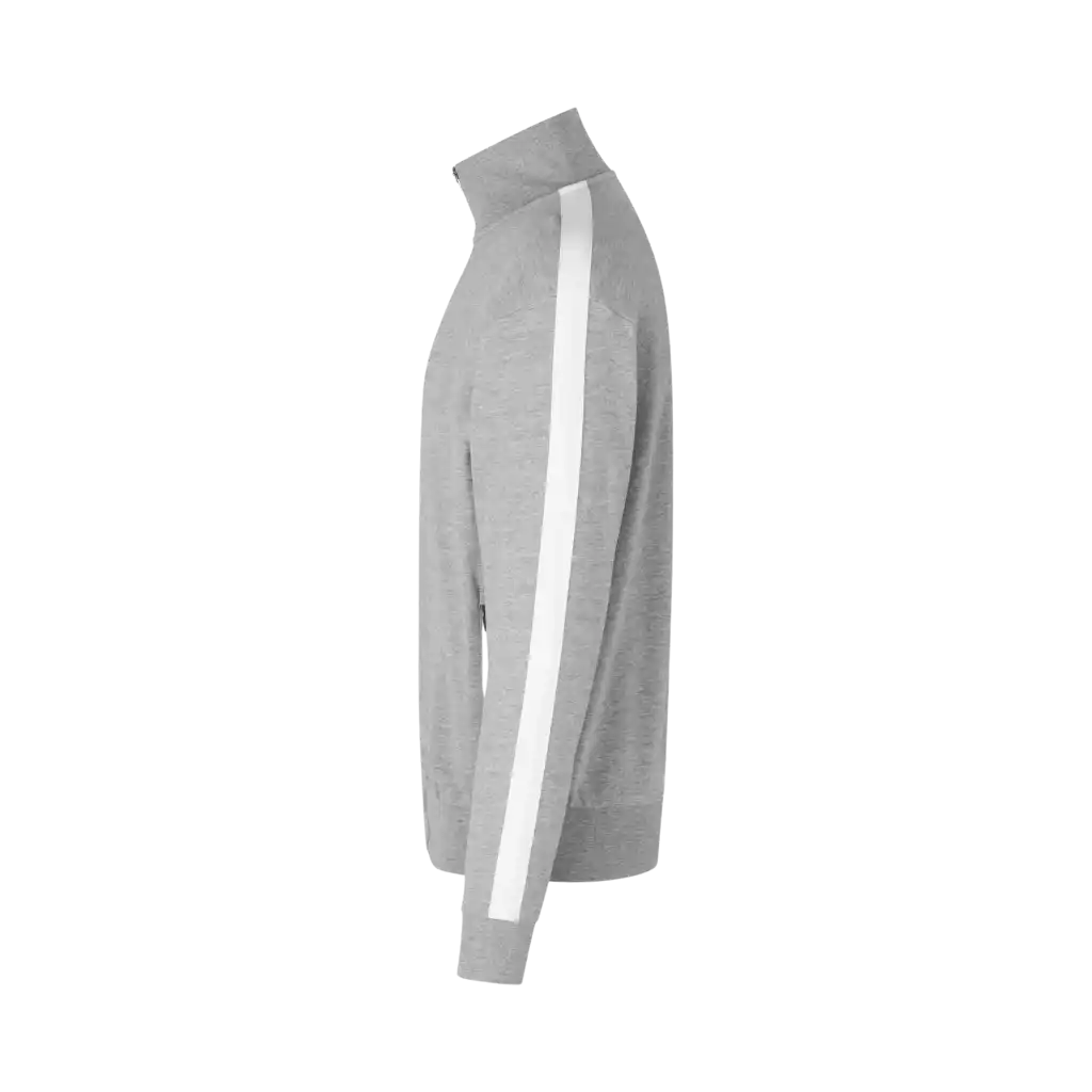 Grey melange collegetakki omalla logolla – sivulta