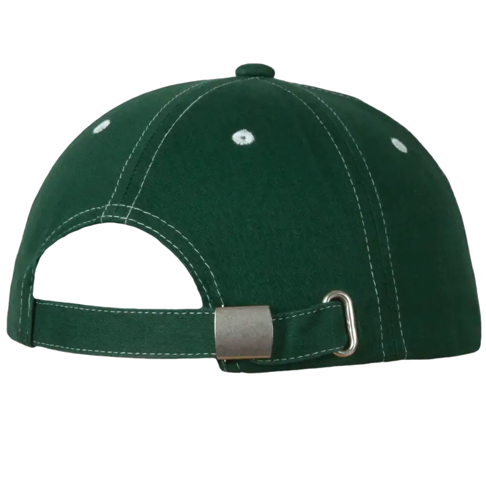 Trendy kontrasti lippis omalla logolla, väri Bottle green. Kuva takaa metallisolki