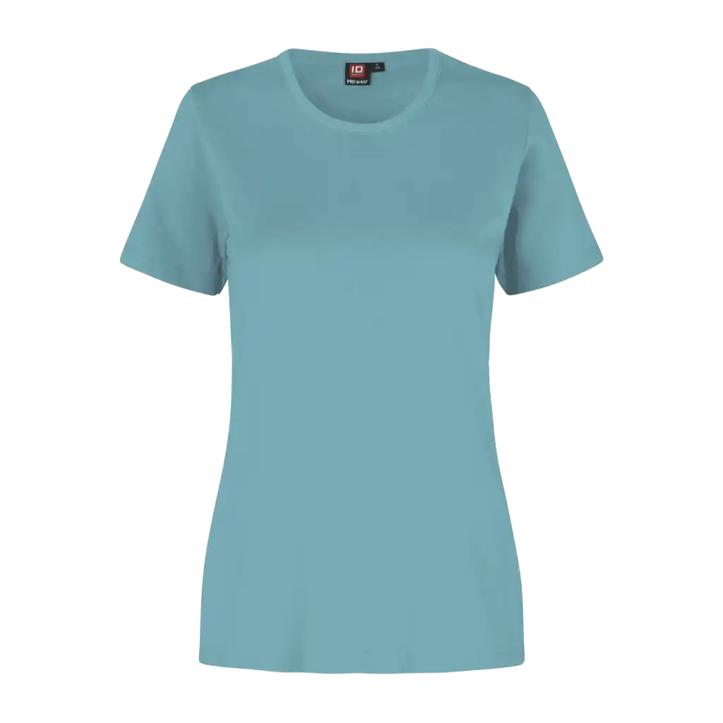 Dusty Aqua PRO Wear naisten T-paita ID® 0312 – sinivihreä työpaita painettuna yrityslogolla