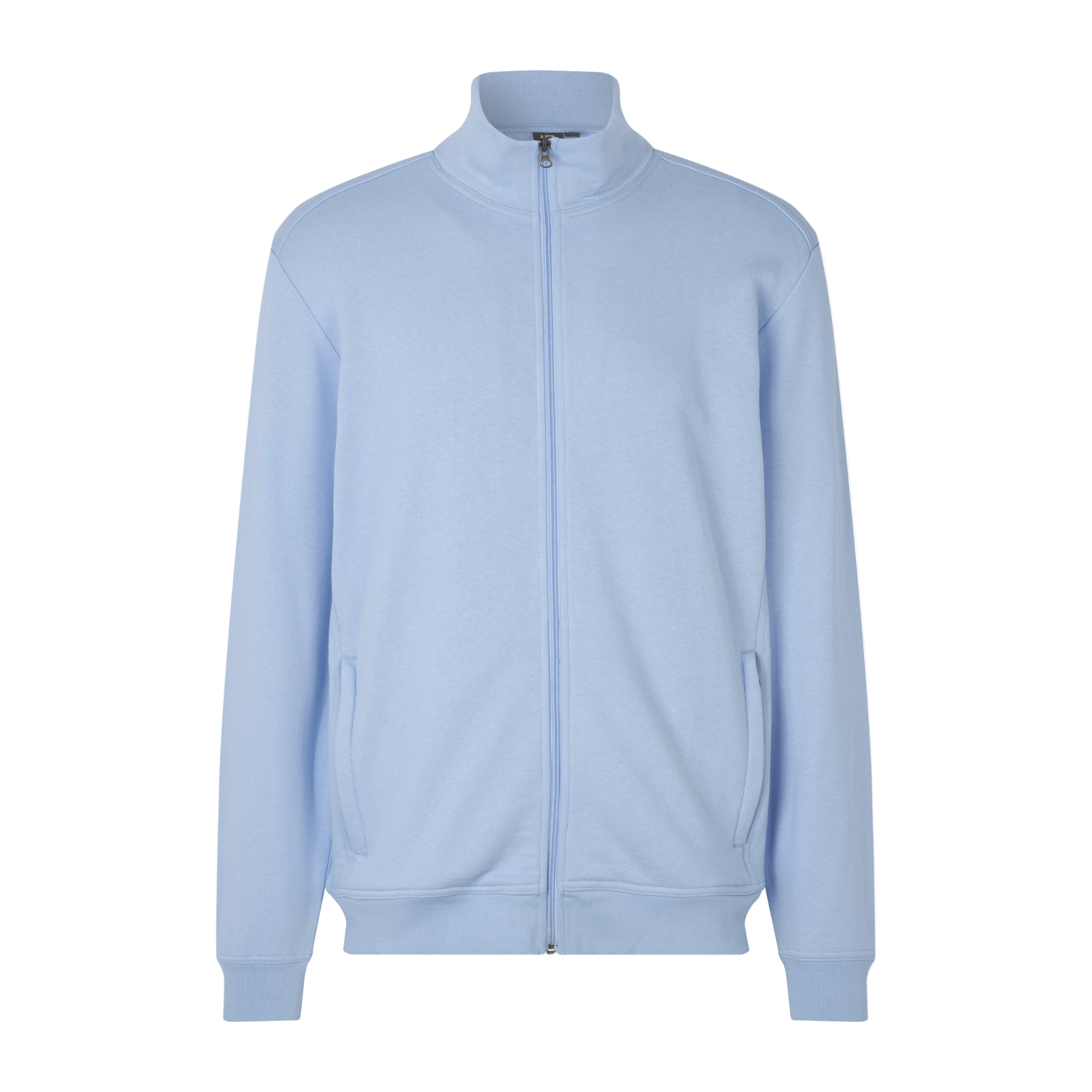 Vaalean sininen PRO Wear CARE cardigan collegetakki omalla logolla – edestä