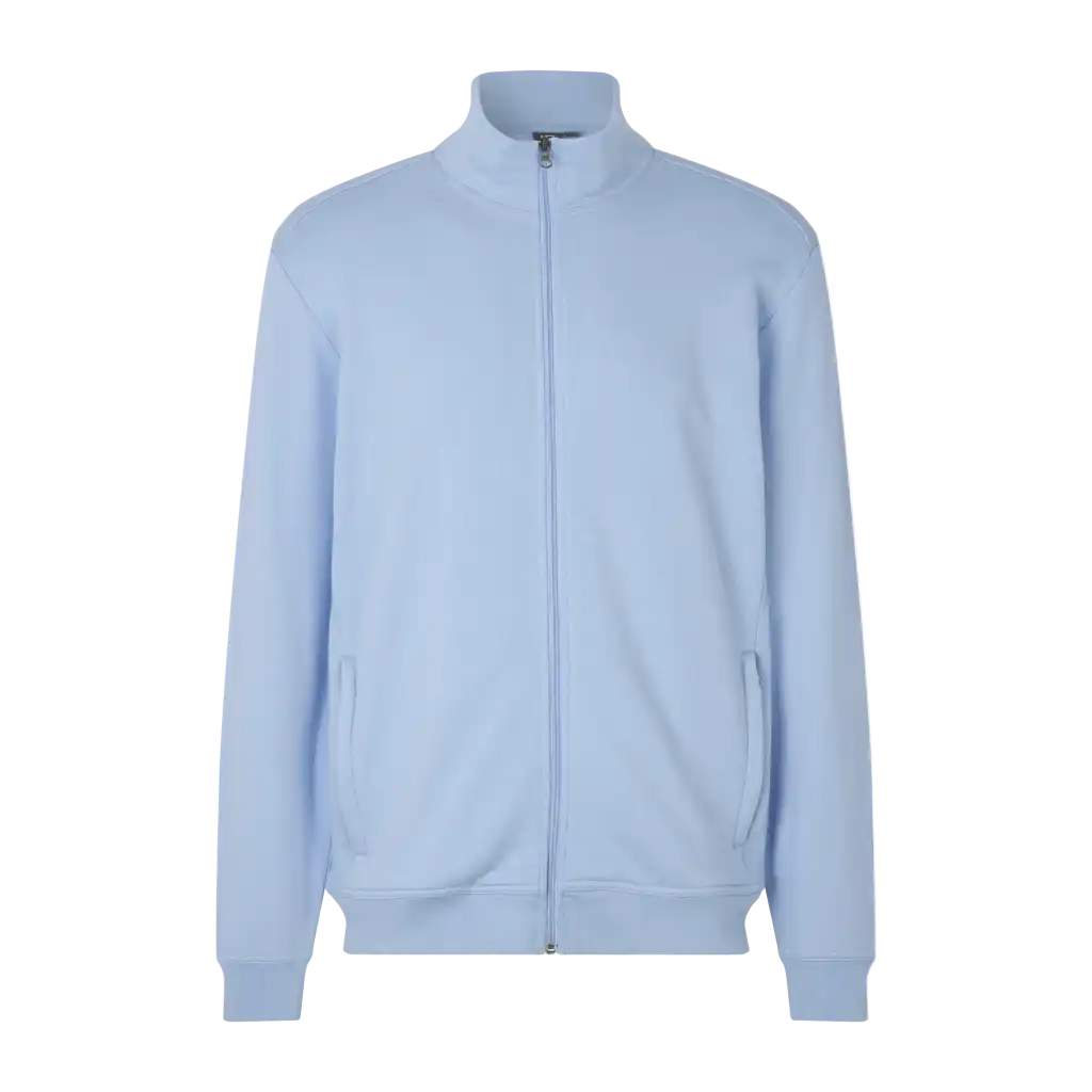 Vaalean sininen PRO Wear CARE cardigan collegetakki omalla logolla – edestä