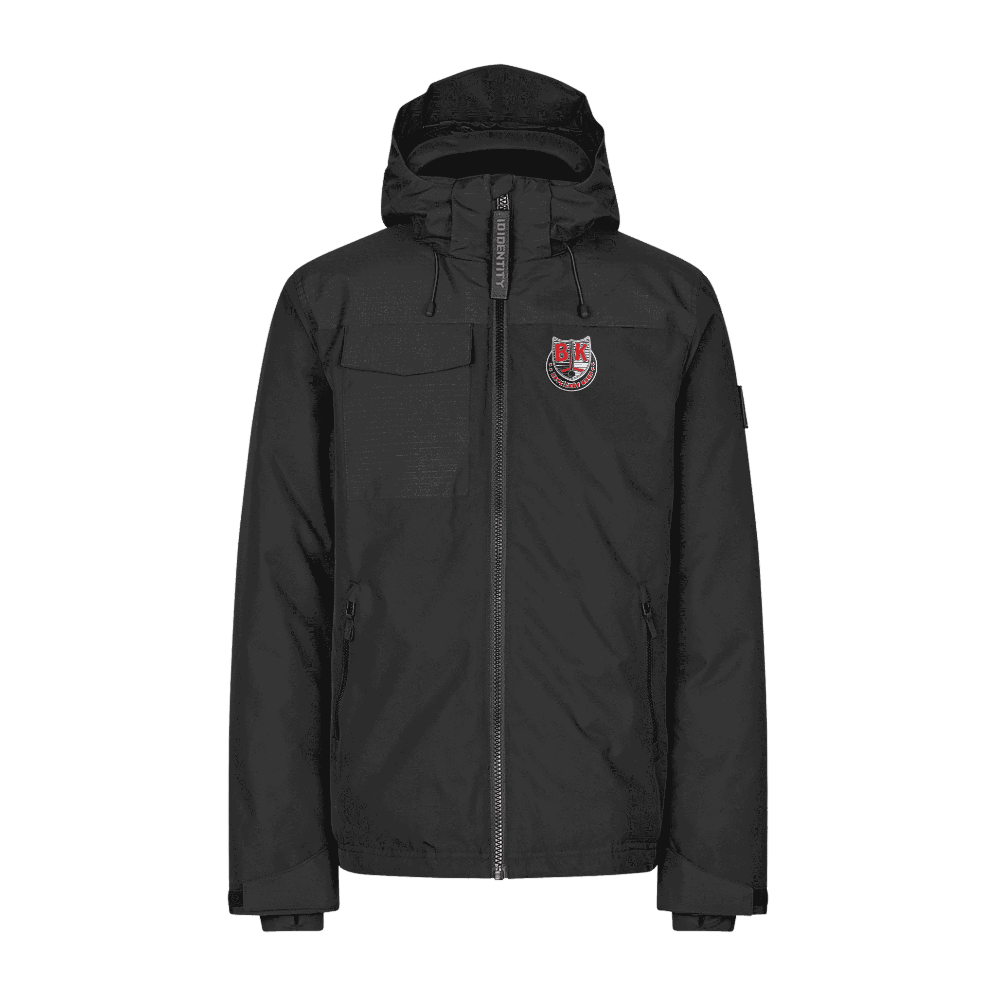 Musta Hooded Winter Jacket takki omalla logolla – water transfer logo rinnassa (ID® 0842)