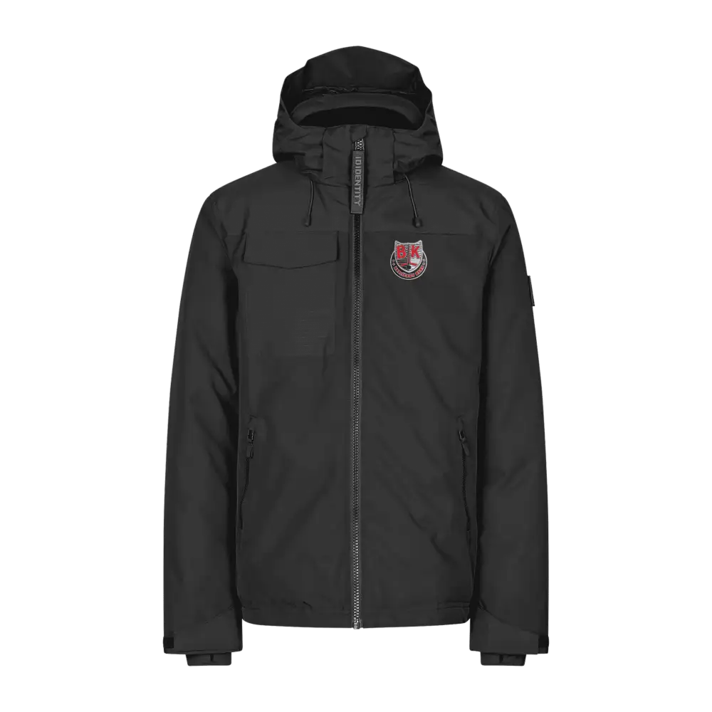 Musta Hooded Winter Jacket takki omalla logolla – water transfer logo rinnassa (ID® 0842)