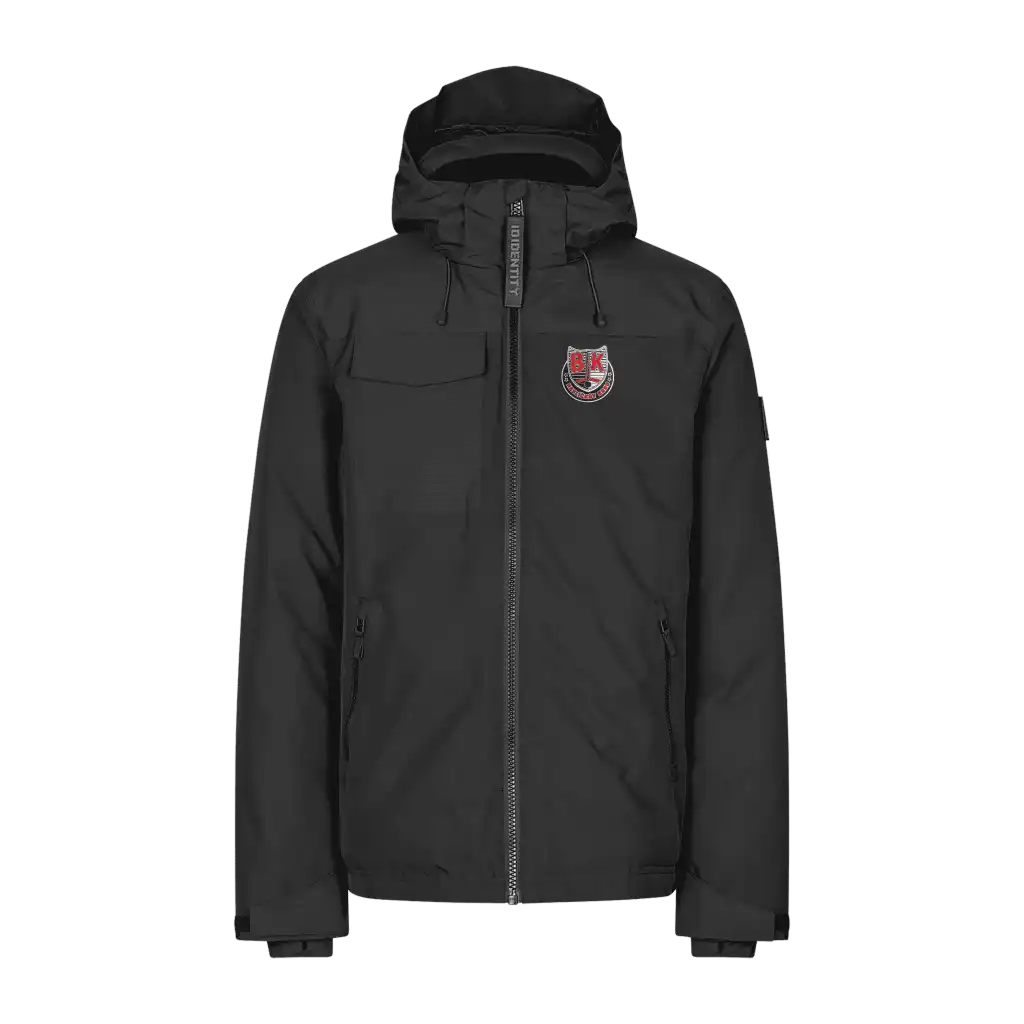 Musta Hooded Winter Jacket takki omalla logolla – water transfer logo rinnassa (ID® 0842)
