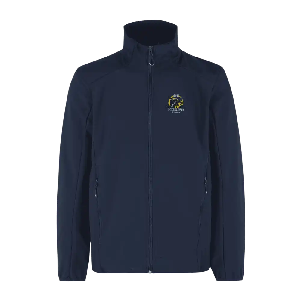 Navy CORE soft shell takki omalla logolla – Colorstop transfer yrityksen logo rinnassa