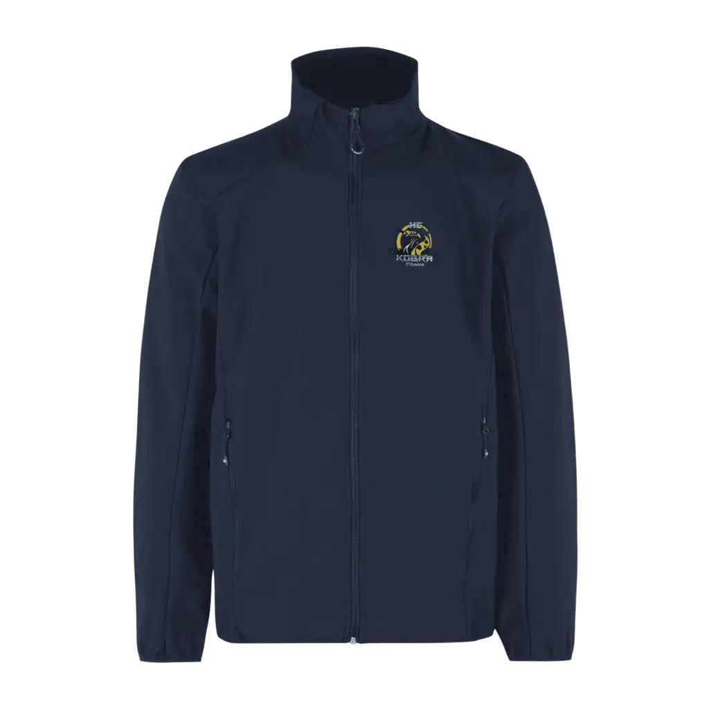Navy CORE soft shell takki omalla logolla – Colorstop transfer yrityksen logo rinnassa