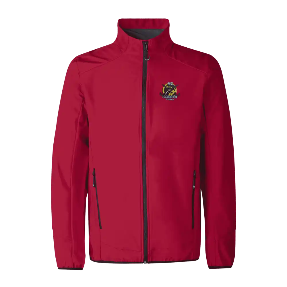 Punainen CORE soft shell takki omalla logolla – Colorstop transfer seuran logo rinnassa
