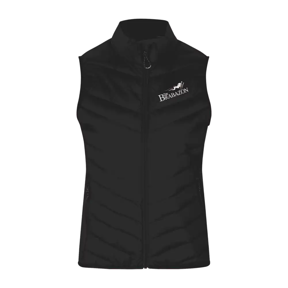 Musta bodywarmer liivi omalla logolla – brodeerattu logo rinnassa