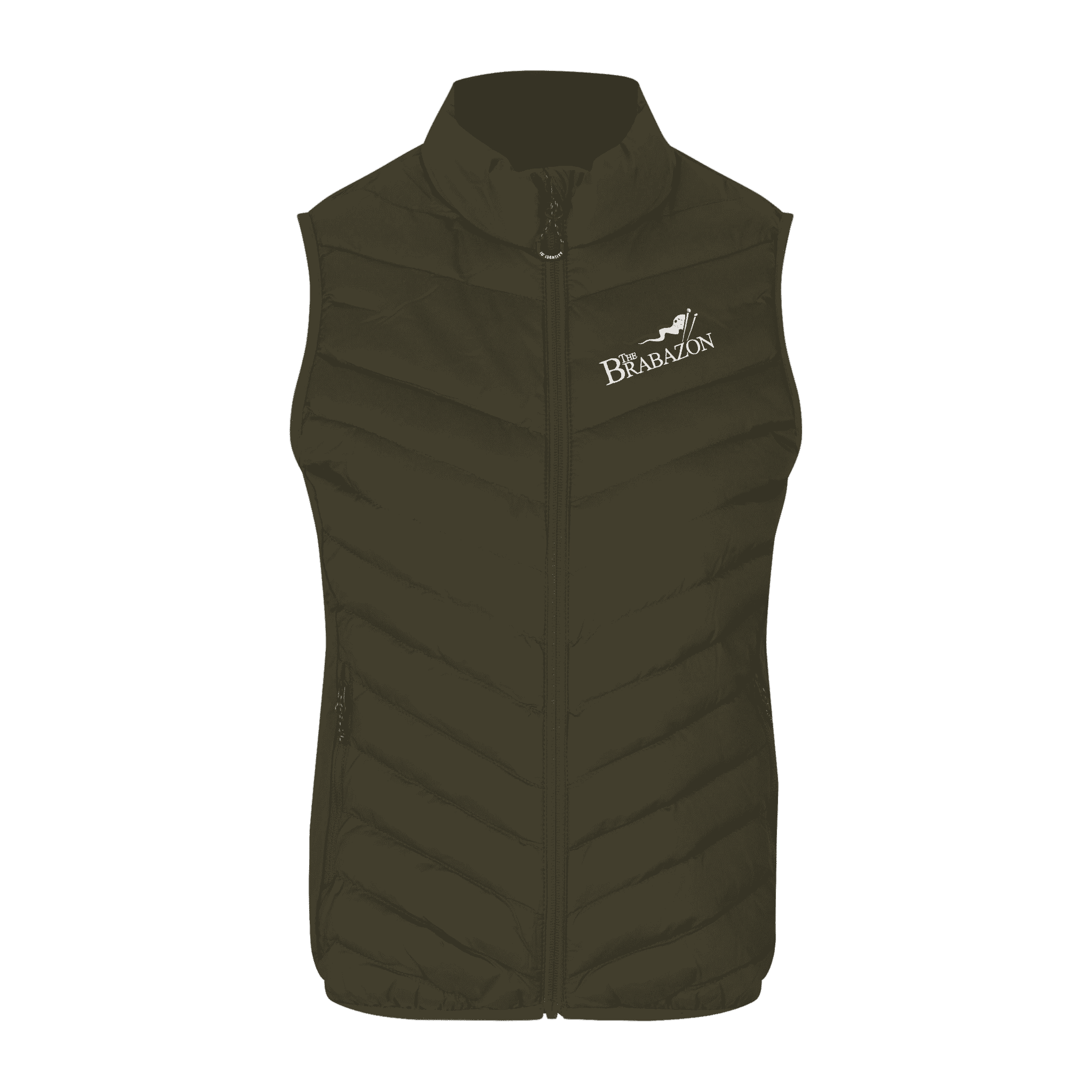 Oliivi bodywarmer liivi omalla logolla – brodeerattu logo rinnassa