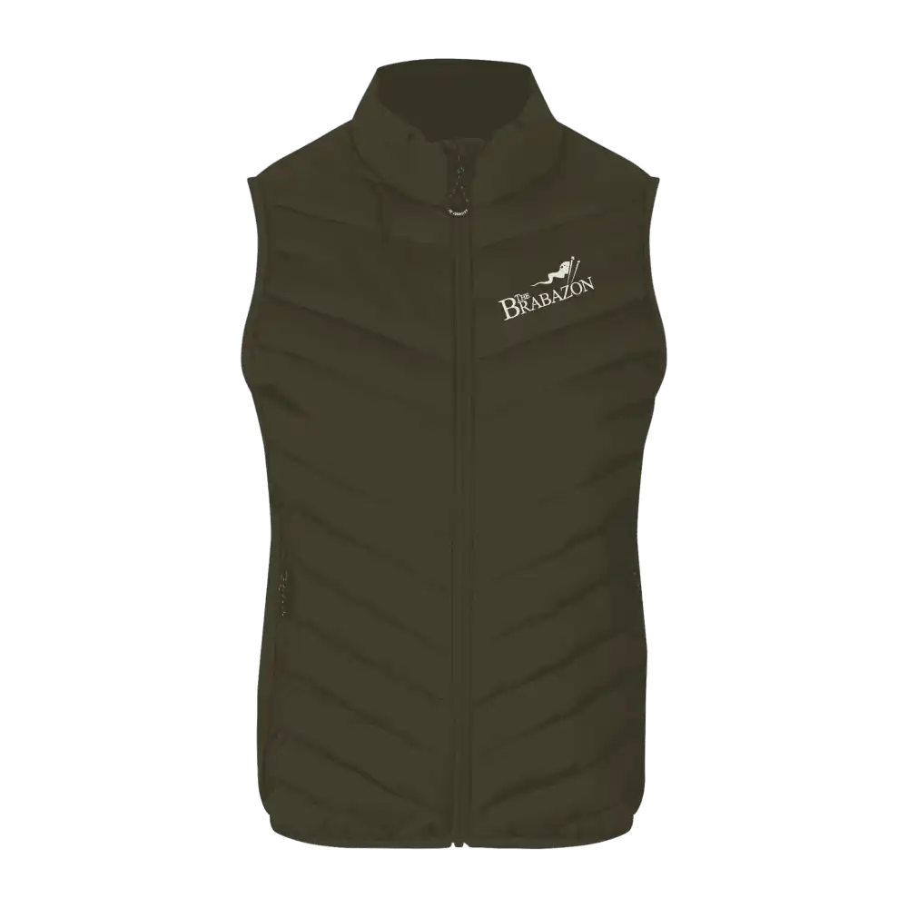 Oliivi bodywarmer liivi omalla logolla – brodeerattu logo rinnassa