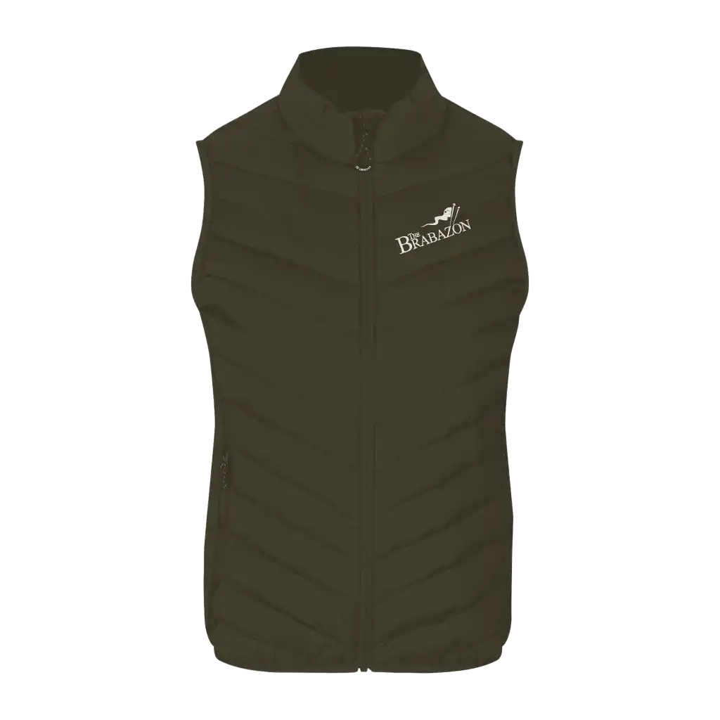 Oliivi bodywarmer liivi omalla logolla – brodeerattu logo rinnassa