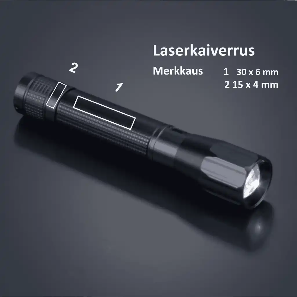 Colorissimo Optima Medium -taskulampun lasermerkkauspaikat ja -koot: runko pitkittäin (30x6mm) ja poikittain (15x4mm)