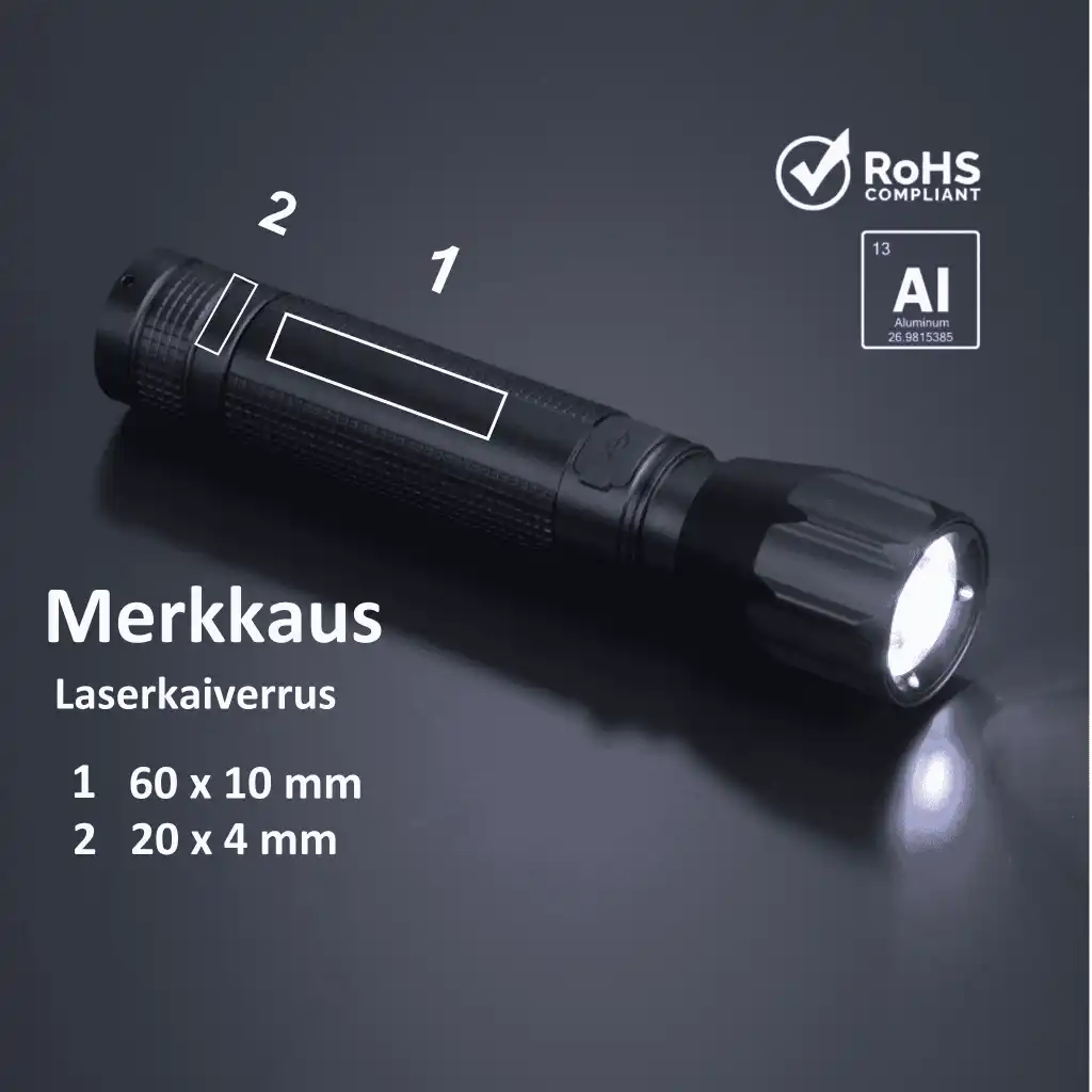 Colorissimo Optima Large -taskulampun lasermerkkauspaikat ja -koot: runko pitkittäin (60x10mm) ja poikittain (20x4mm)