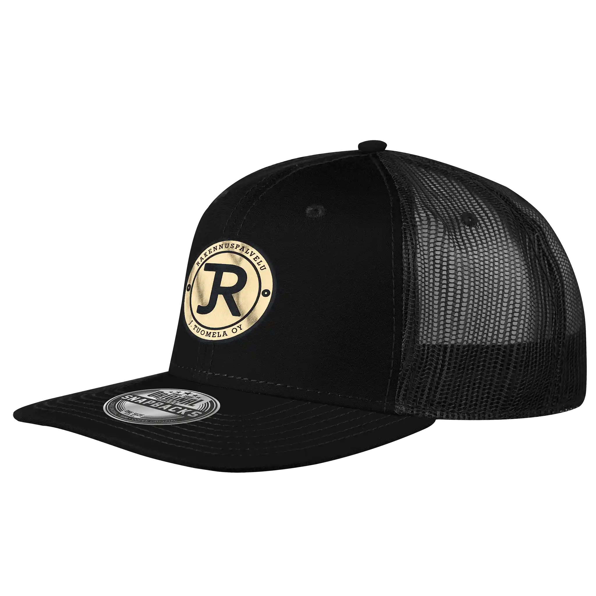 Musta suoralippa snapback lippalakki omalla logolla – laser-merkattu kultamerkki, Snap Mesh coFEE 2025