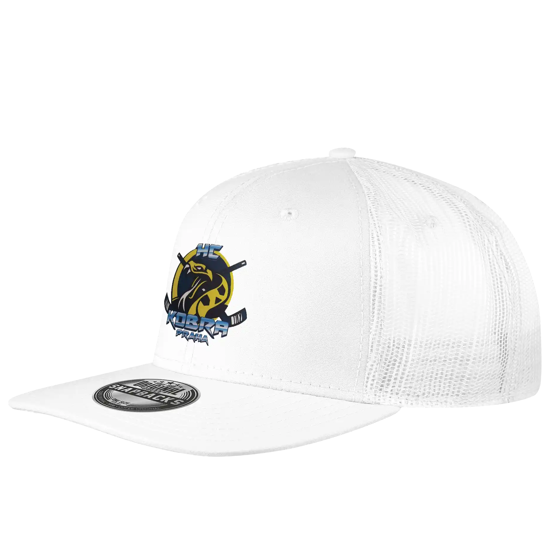 Snap Mesh coFEE 2025 suoralippa snapback valkoinen lippalakki omalla logolla – DTF Printing etupaneelissa