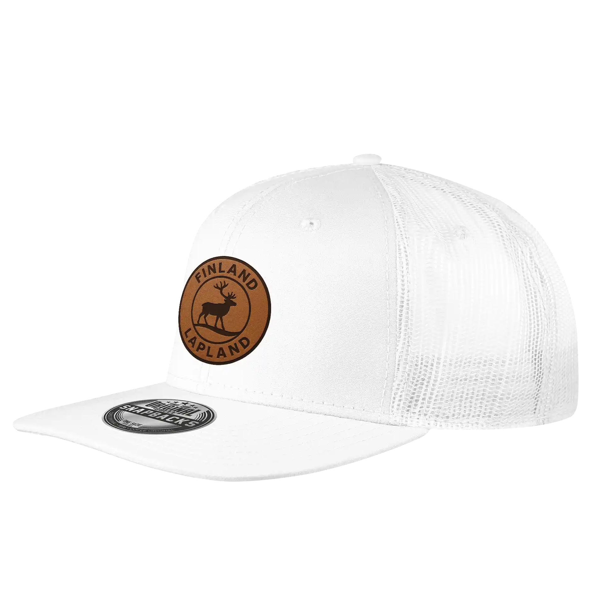Valkoinen suoralippa snapback lippalakki omalla logolla – laser-merkattu nahkamerkki, Snap Mesh coFEE 2025