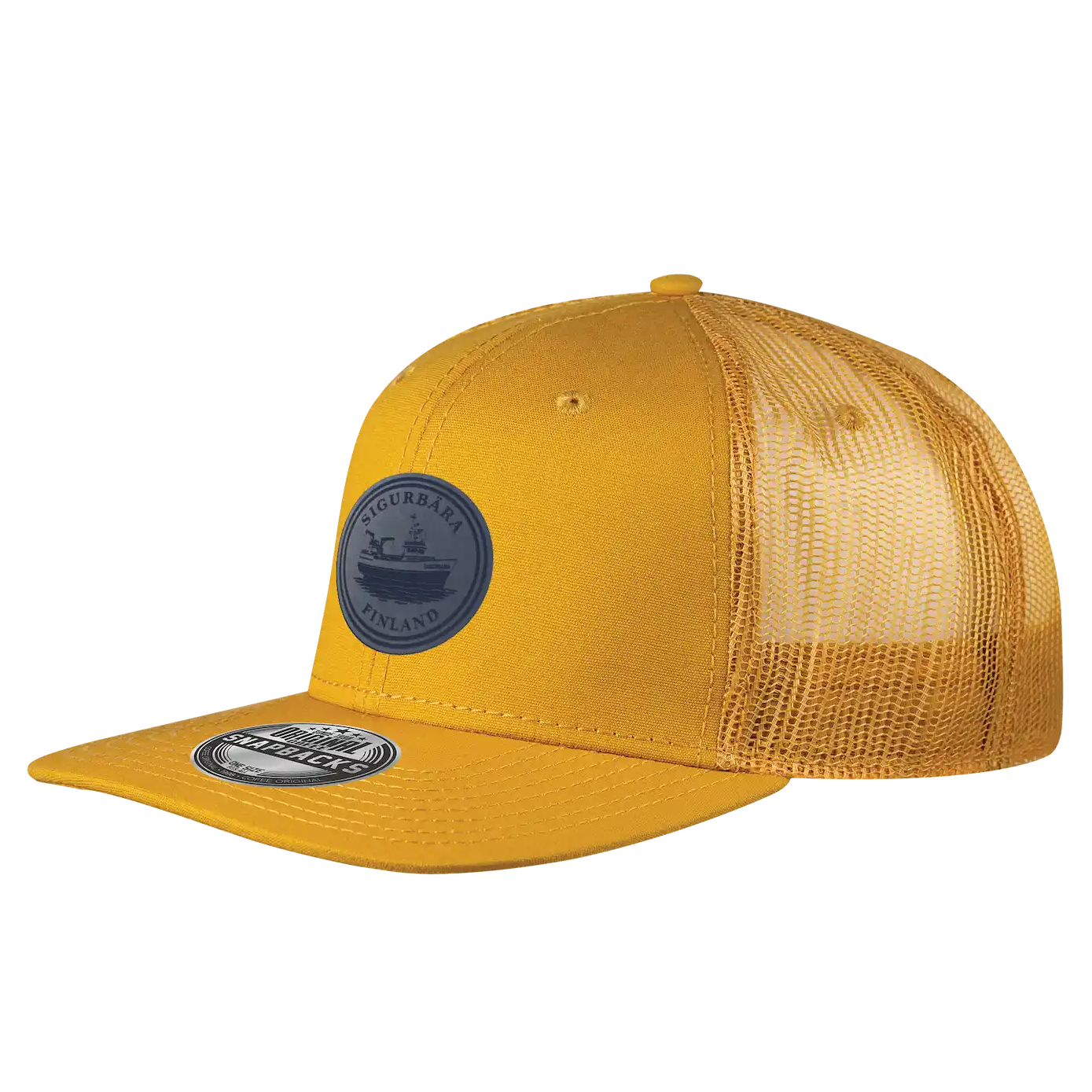 Mustard suoralippa snapback lippalakki omalla logolla – laser-merkattu nahkamerkki, Snap Mesh coFEE 2025