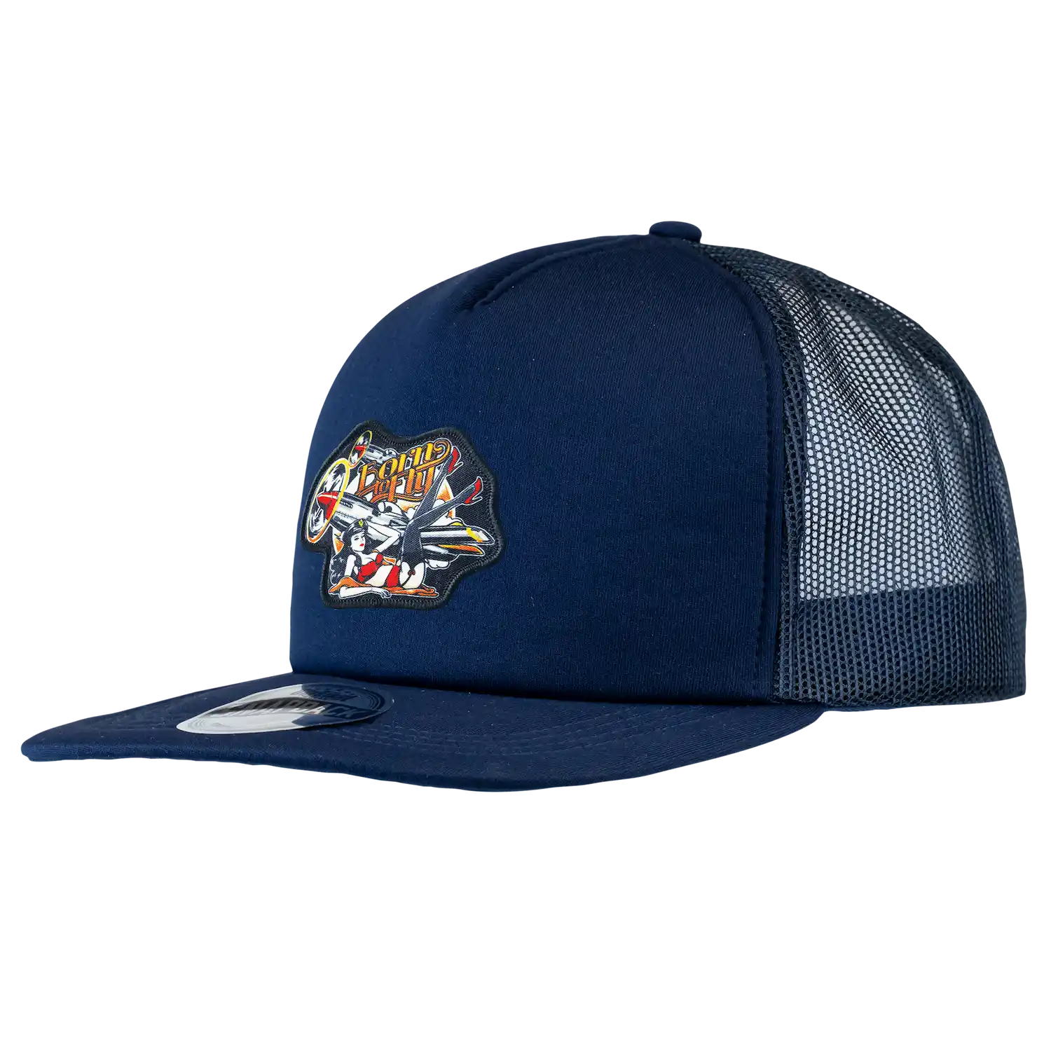 Navy suoralippa trucker lippalakki omalla logolla – painettu kangasmerkki etupaneelissa, SNAP TRUCKER coFEE 2029