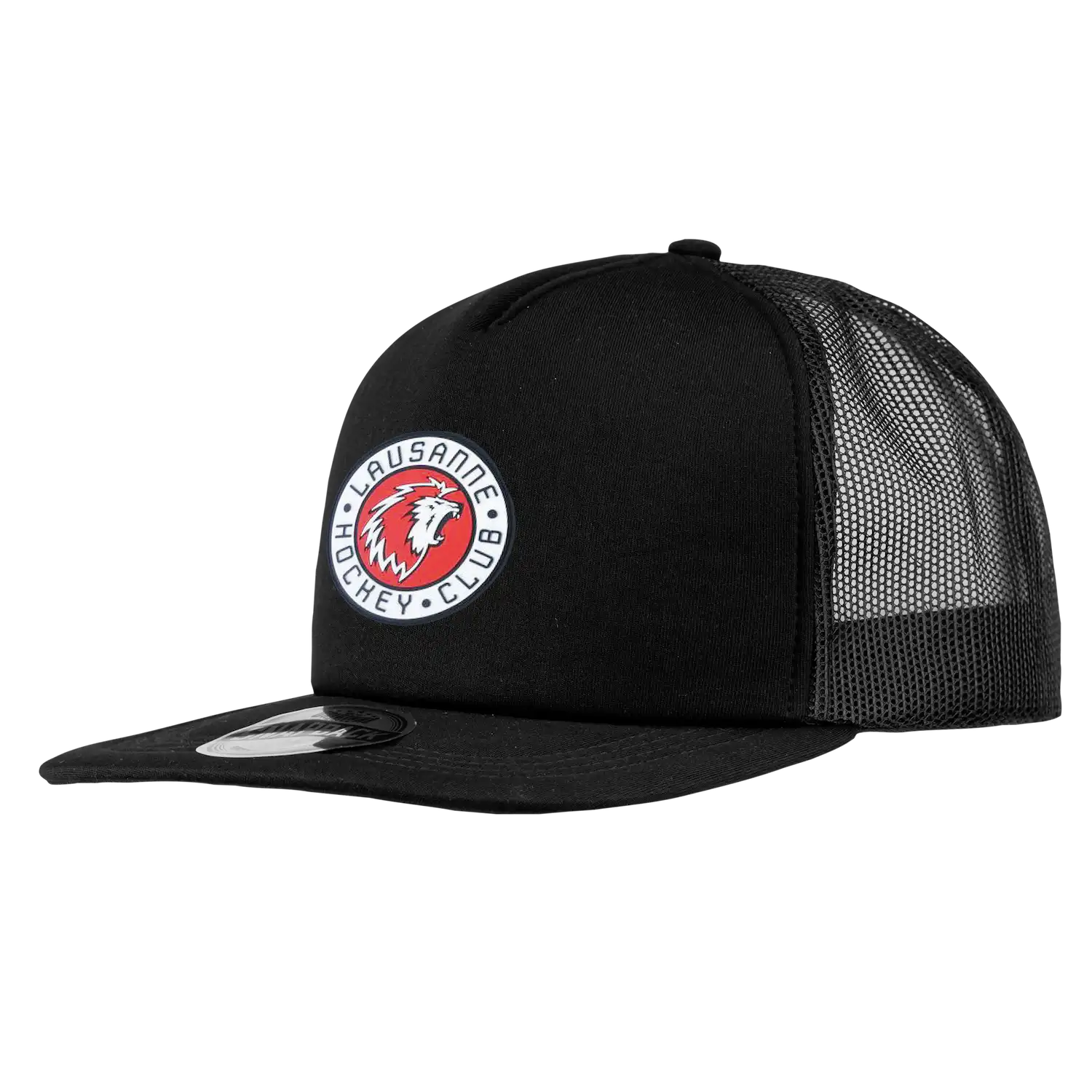 Musta suoralippa trucker lippalakki omalla logolla – kumilogo (rubber badge) etupaneelissa, SNAP TRUCKER coFEE 2029