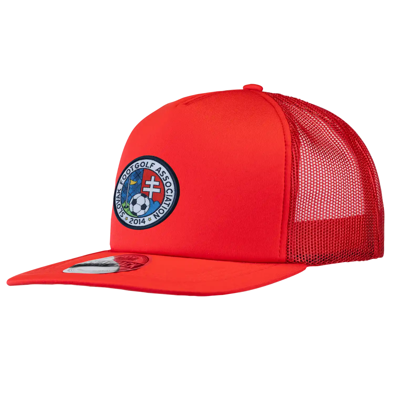 Punainen suoralippa trucker lippalakki omalla logolla – kudottu kangasmerkki etupaneelissa, SNAP TRUCKER coFEE 2029