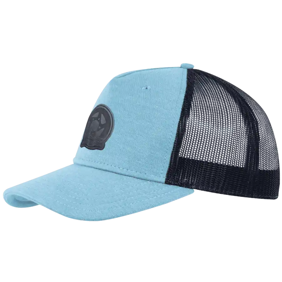 Turkoosi 5 panel mesh snapback lippis omalla logolla – laser-merkattu nahkamerkki, Snap Curved coFEE 2030