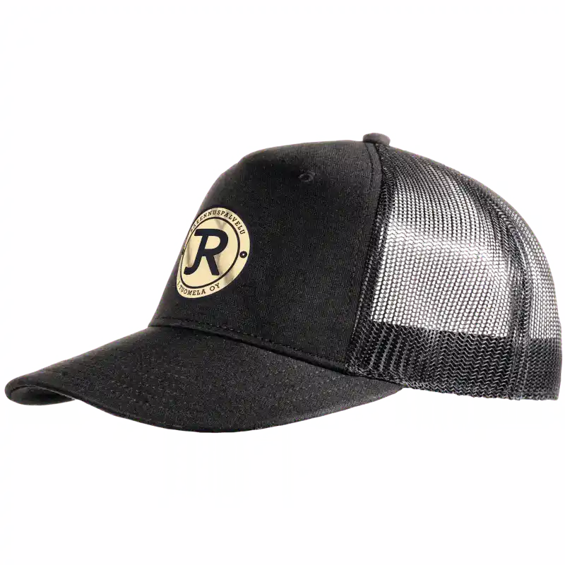 Musta 5 panel mesh snapback lippis omalla logolla – laser-merkattu nahkamerkki, Snap Curved coFEE 2030