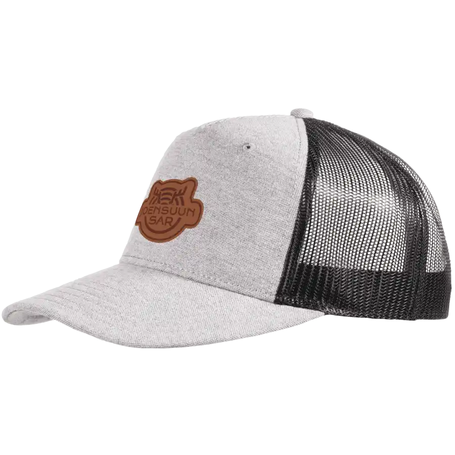 Ash grey 5 panel mesh snapback lippis omalla logolla – laser-merkattu nahkamerkki, Snap Curved coFEE 2030