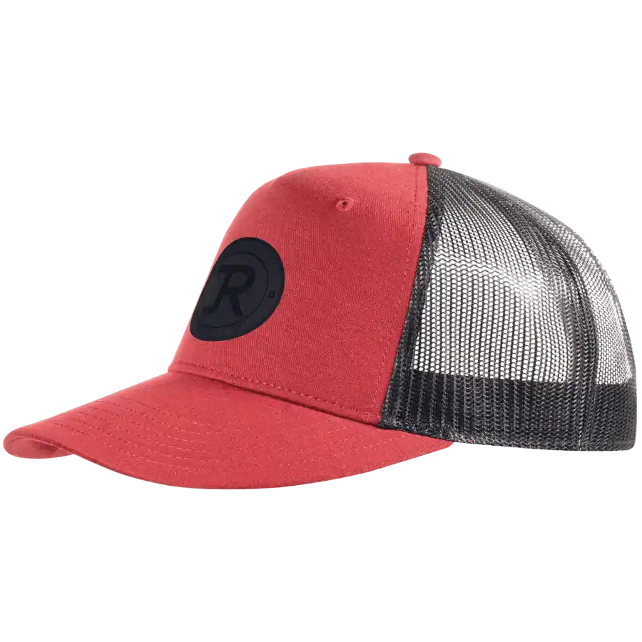 Punainen 5 panel mesh snapback lippis omalla logolla – laser-merkattu nahkamerkki, Snap Curved coFEE 2030