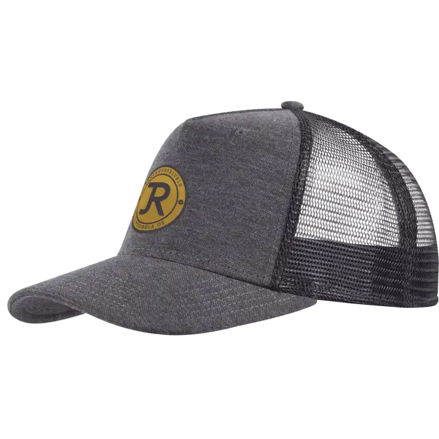 Harmaa 5 panel mesh snapback lippis omalla logolla – laser-merkattu nahkamerkki, Snap Curved coFEE 2030