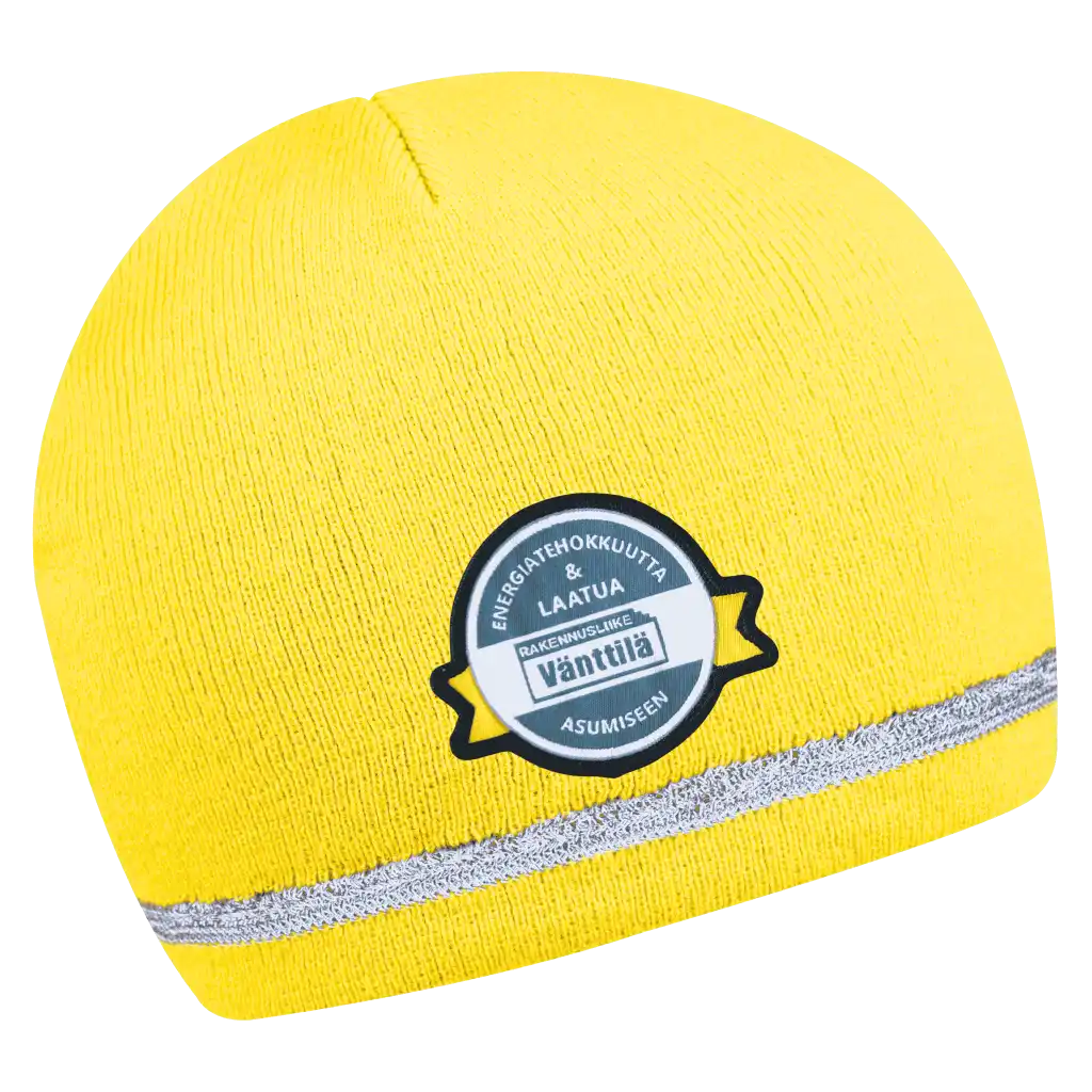 Reflex Heijastava Pipo omalla logolla (coFEE 3001) - Neonkeltainen oma logo tehty kangasmerkillä.