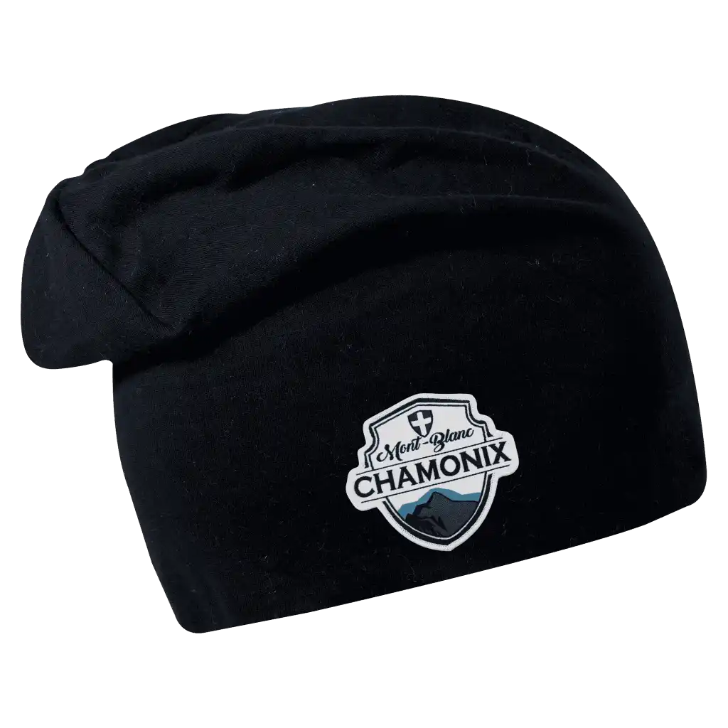 Pitkä Trikoopipo omalla logolla (coFEE 3004) - Musta kangasmerkki logo