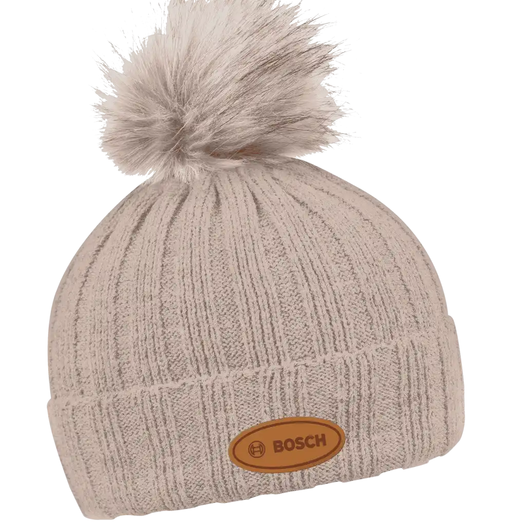 Rib Fur Naisten Tupsupipo omalla logolla (coFEE 3048) - Beige pipo, logo laser-merkattu nahkamerkki.