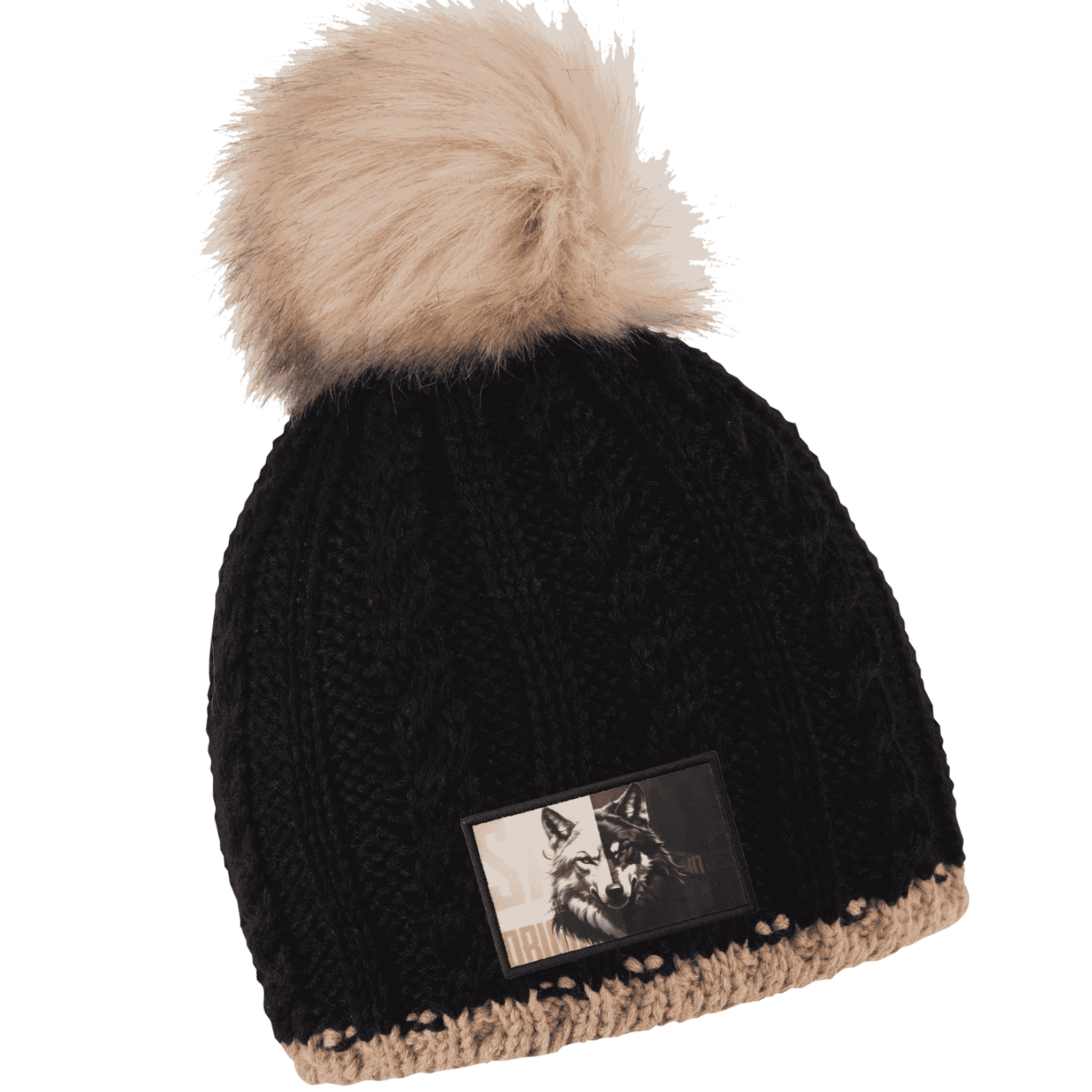 Braid Knit Naisten Tupsupipo omalla logolla (coFEE 3060) - Musta logo tehty näyttävällä painetulla kangasmerkillä.