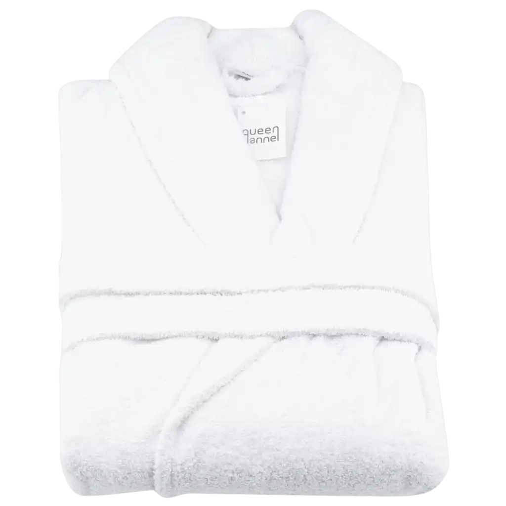 Valkoinen Queen Anne froteekylpytakki siististi viikattuna – valmis lahjaksi