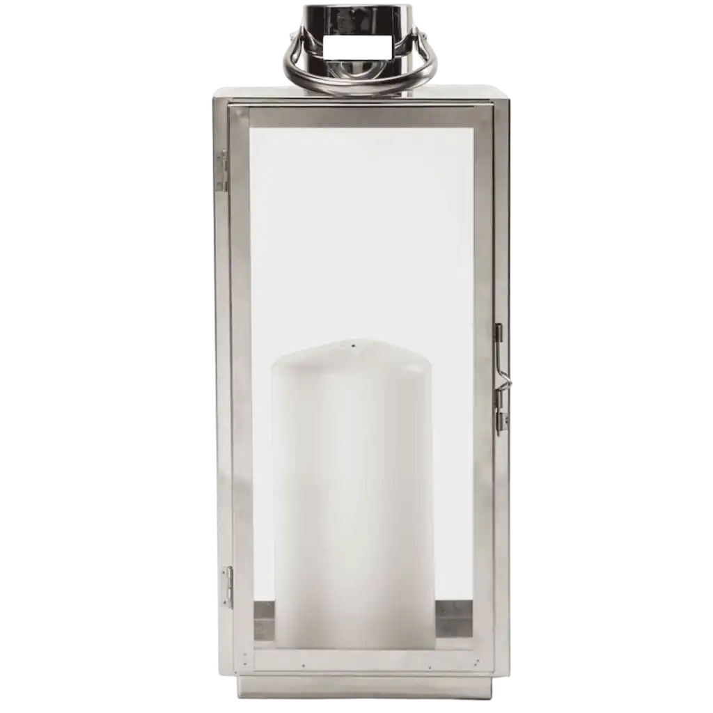 Orrefors Jernverk teräslyhty (41cm) edestä, sisällä valkoinen kynttilä – tyylikäs yrityslahja