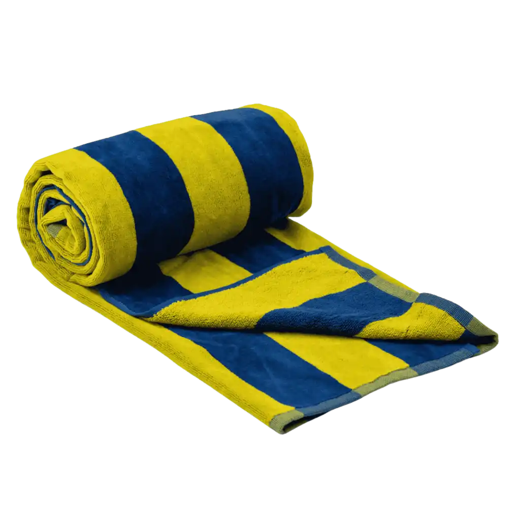 Keltainen/tummansininen Lord Nelson Victory Cabana-rantapyyhe rullattuna – tyylikäs kesälahja