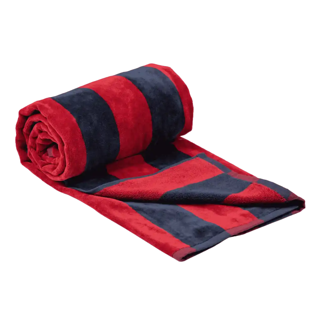 Punainen/tummansininen Lord Nelson Victory Cabana-rantapyyhe rullattuna – laadukas yrityslahja rannalle