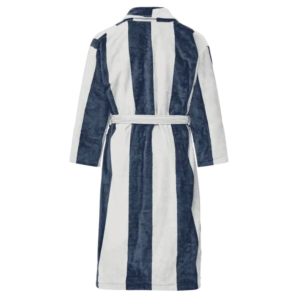 Tummansinivalko-raidallisen Kosta Linnewäfveri velour-kylpytakin selkäpuoli ja leveä kaulus