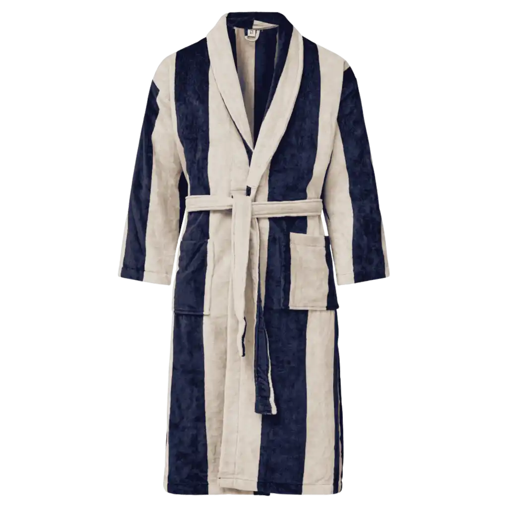 Tummansininen Kosta Linnewäfveri velour-kylpytakki hiekanvärisillä raidoilla – premium-joululahja