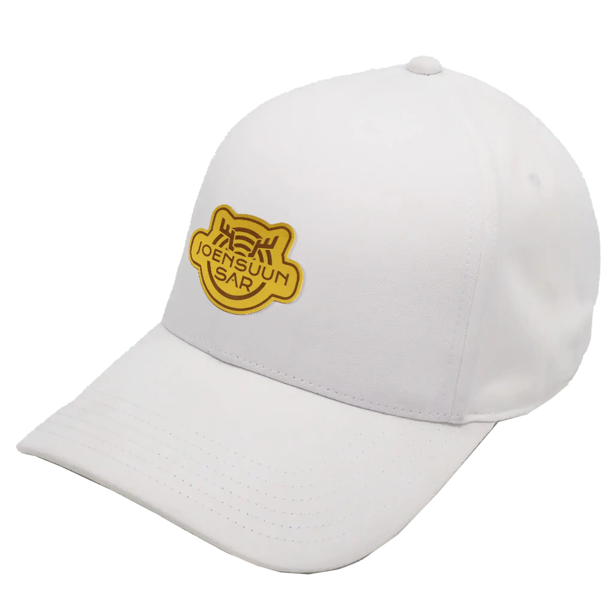 Valkoinen coFEE SMOOTH 4310 performance lippalakki omalla logolla – laser-merkattu nahkamerkki, iso yhtenäinen logotila