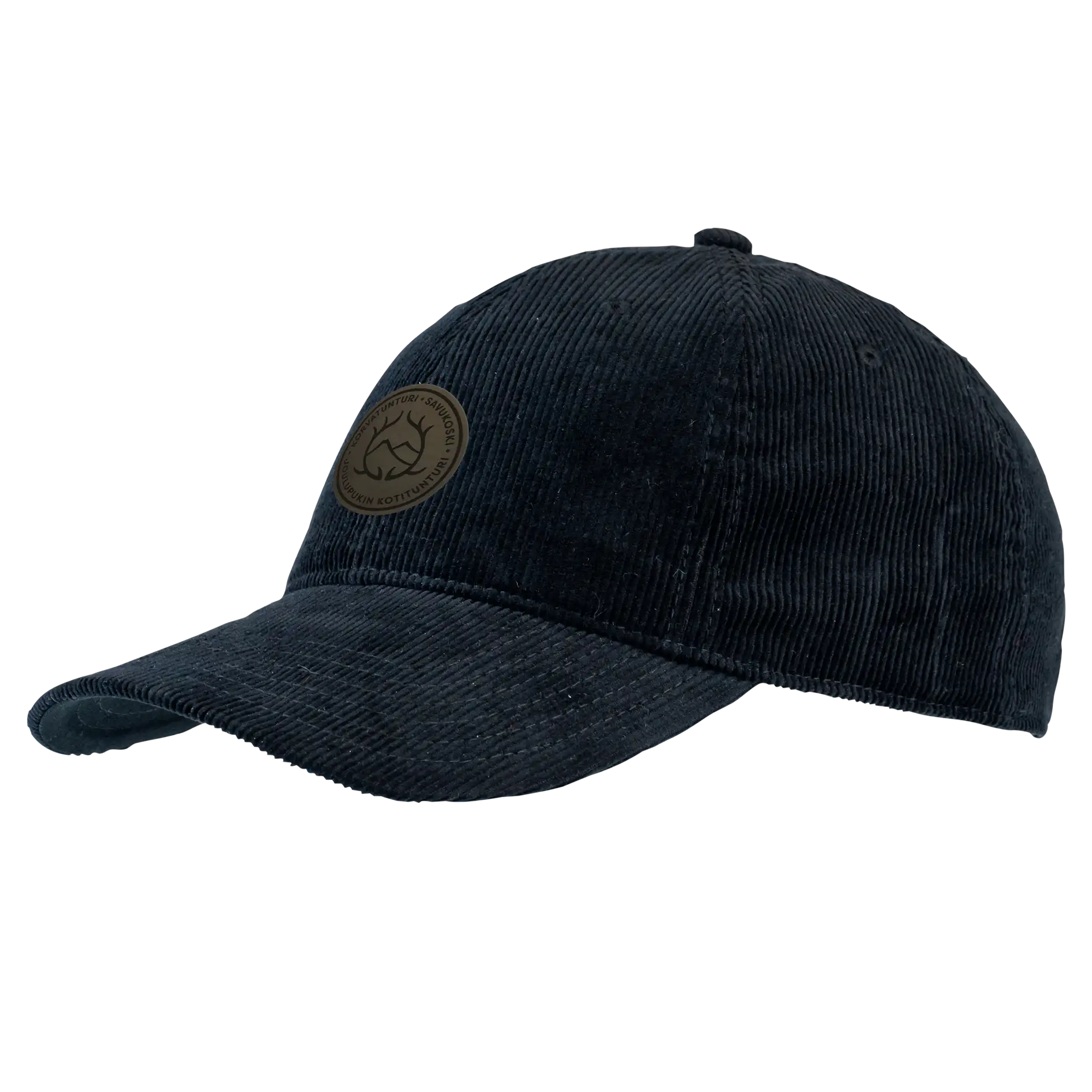 Musta vakosametti (corduroy) sametti lippis nahkamerkillä omalla logolla – Corduroy 4440 coFEE