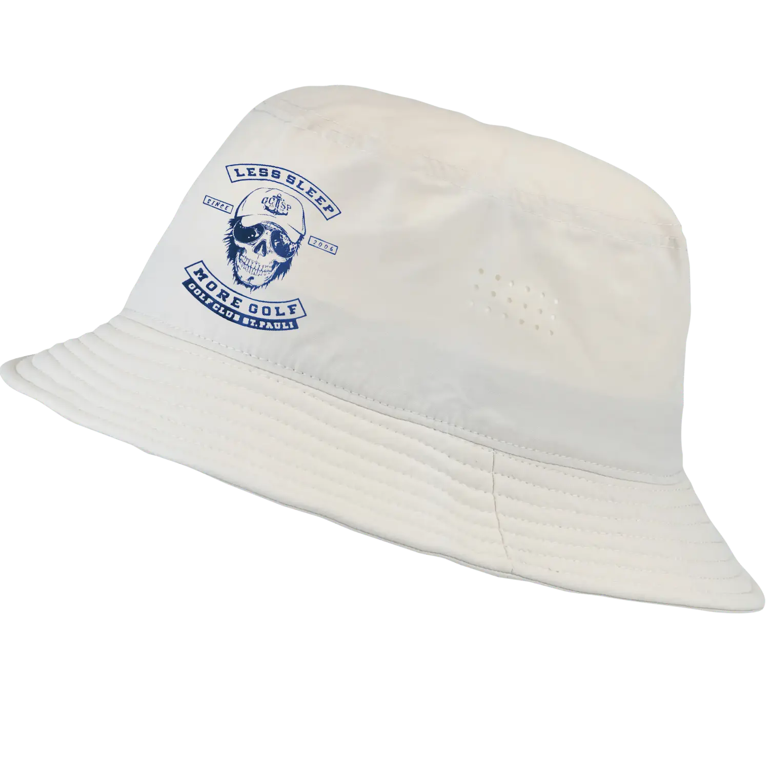 Beige kalastajan hattu omalla logolla – DTF-painettu logo kalastajanhatun otsassa