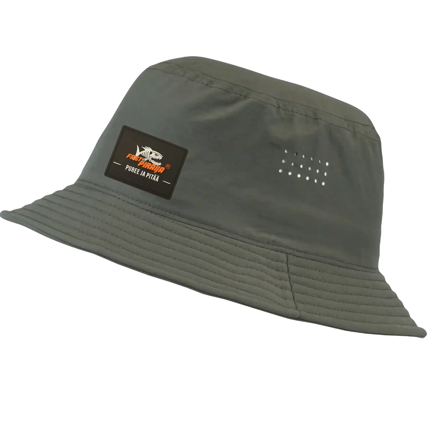 Army green kalastajanlakki yrityksen logolla – kumimerkki logo edessä.