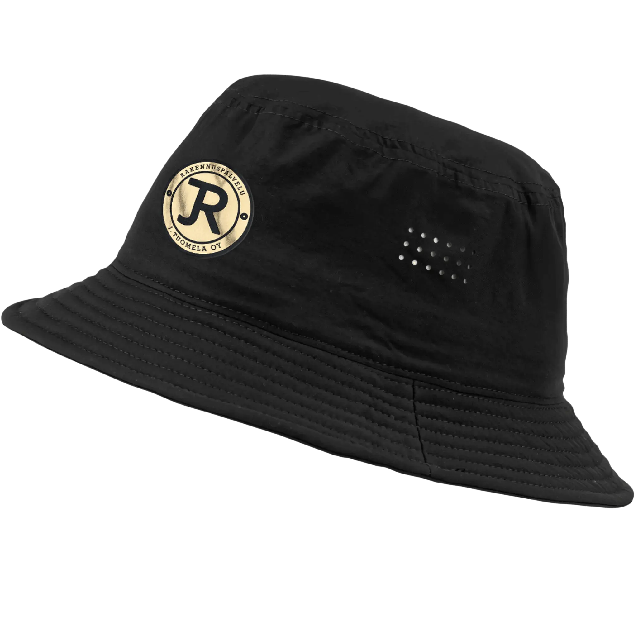 Musta Kalastajan hattu omalla logolla – Lasermerkattu kultainen logo kalastajanhatun otsassa