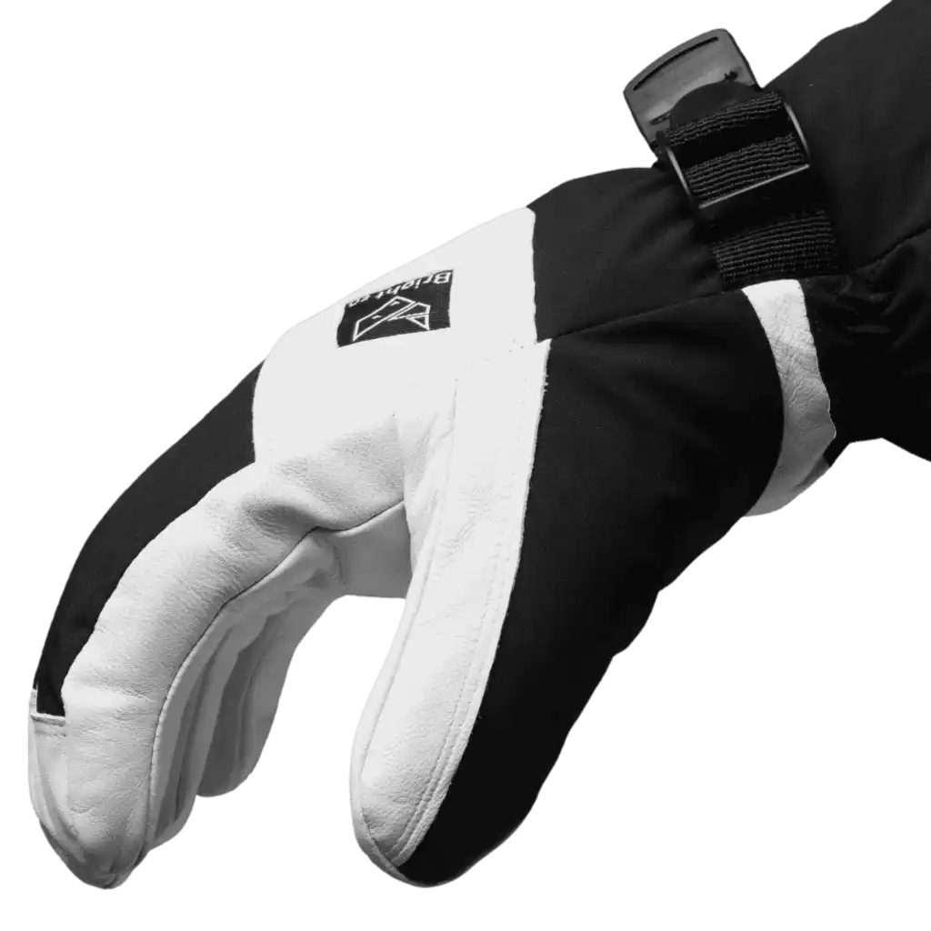 Valko-mustan Bright Glove No:1 -sormikkaan sivukuva, näkyvissä MagSnap-kiinnitys ja rannehihna