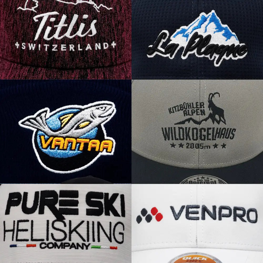 Lasten snapback omalla logolla. Brodeeraus malleja lähikuvassa 6 eri brodeerattua logoa lippalakissa.