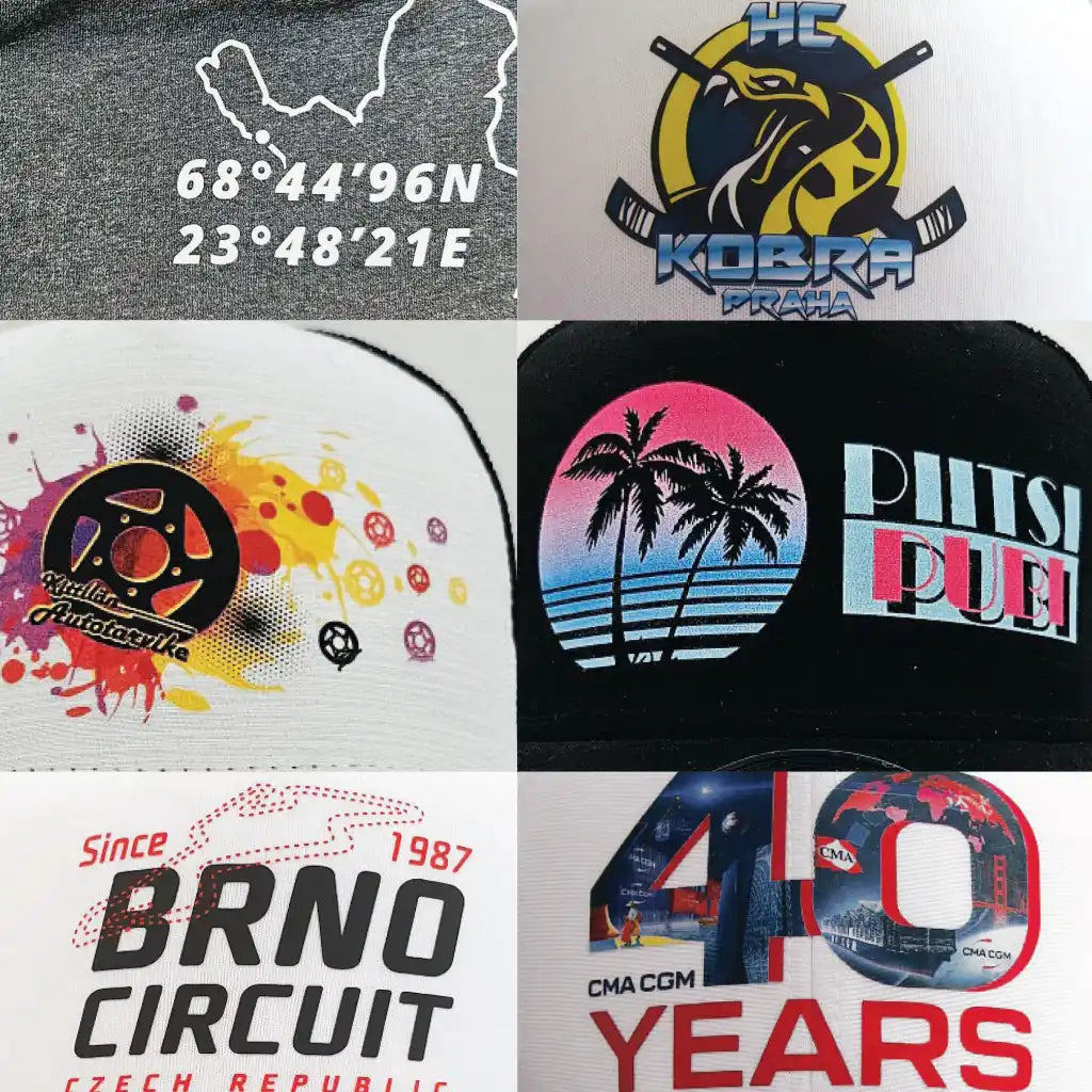 Kuusi eri DTF-printing logo mallia lippis omalla logolla. Avuksi suunnittelemaan on logo lippis.