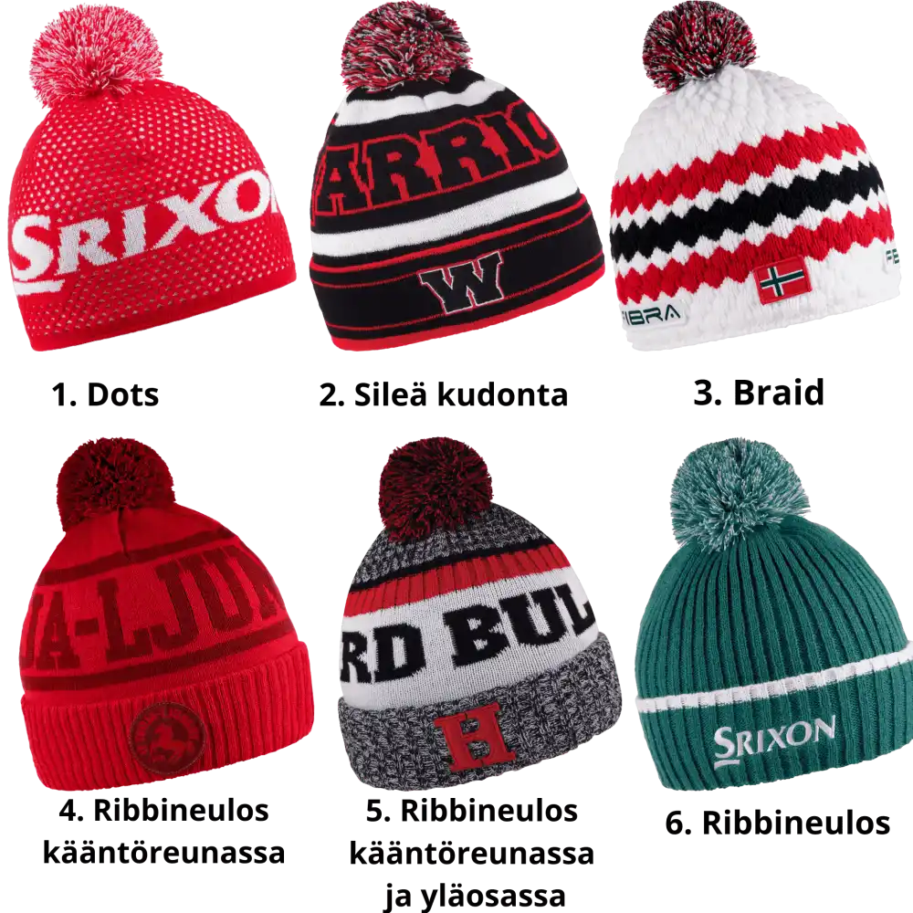 Erilaisia kudontatyylejä kustomoituihin fanipipoihin, kuten ribbineulos ja sileä neulos