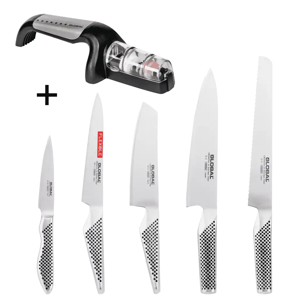 Global veitsisetti (5 veistä) ja G-91/SB teroitin - täydellinen henkilöstön joululahja